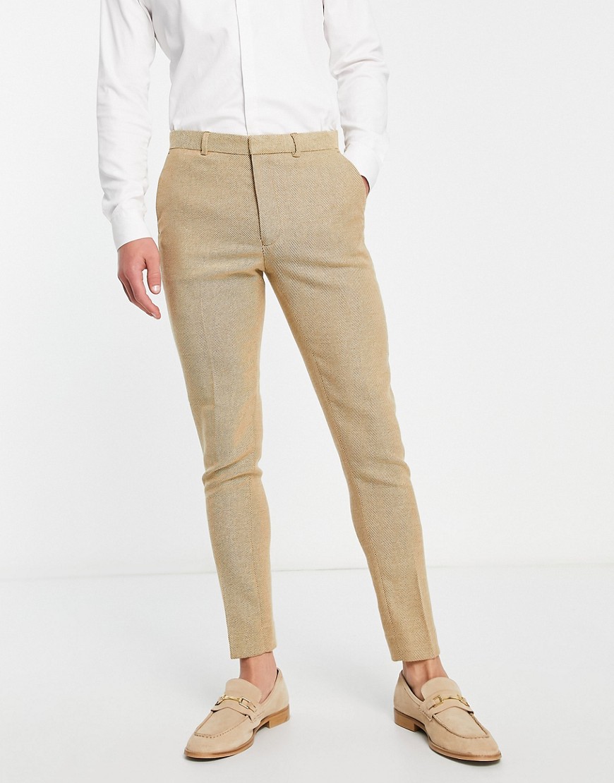 ASOS DESIGN wedding super skinny wool mix twill suit trousers in camel-Neutral