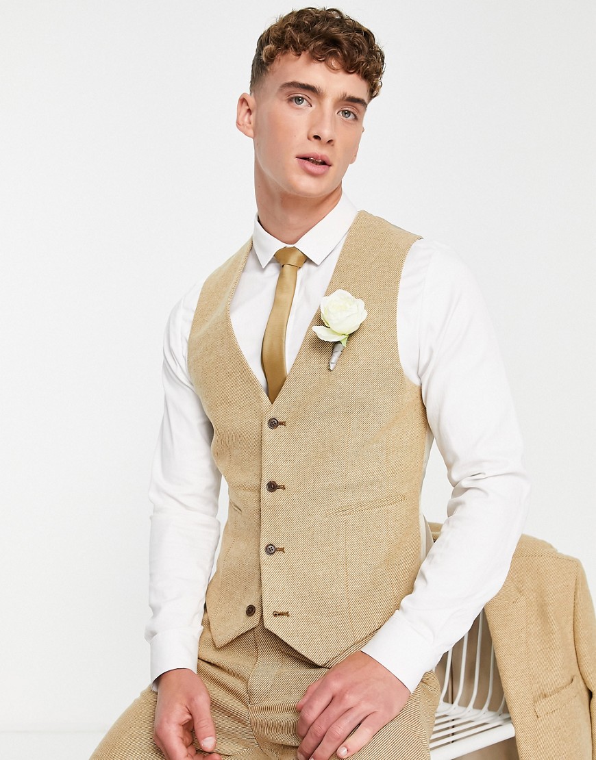 ASOS DESIGN wedding super skinny wool mix twill vest in mushroom-Neutral