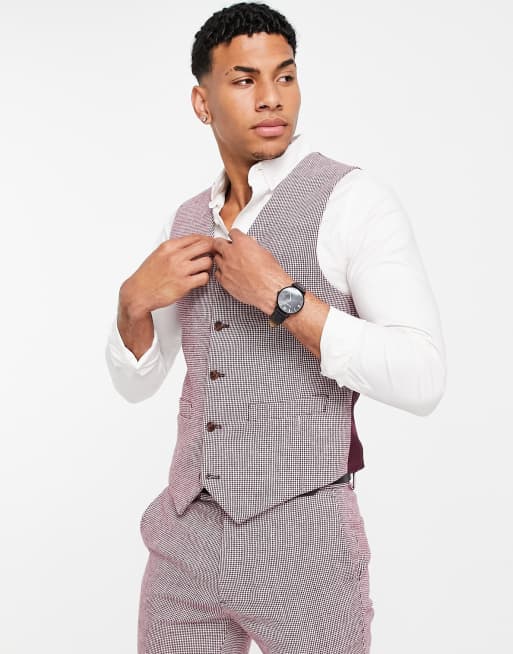 ASOS DESIGN wedding super skinny wool mix suit in burgundy puppytooth, 2 of 2