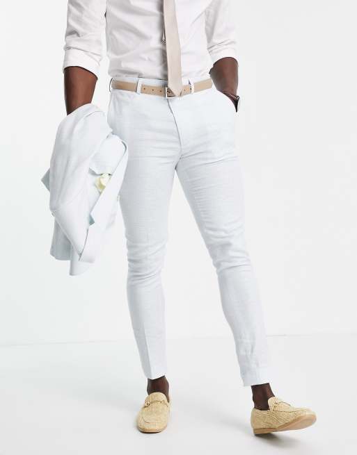 ASOS DESIGN Wedding – Supereng geschnittene Anzughose aus Leinenmix mit kleinem Hahnentrittmuster in Blau