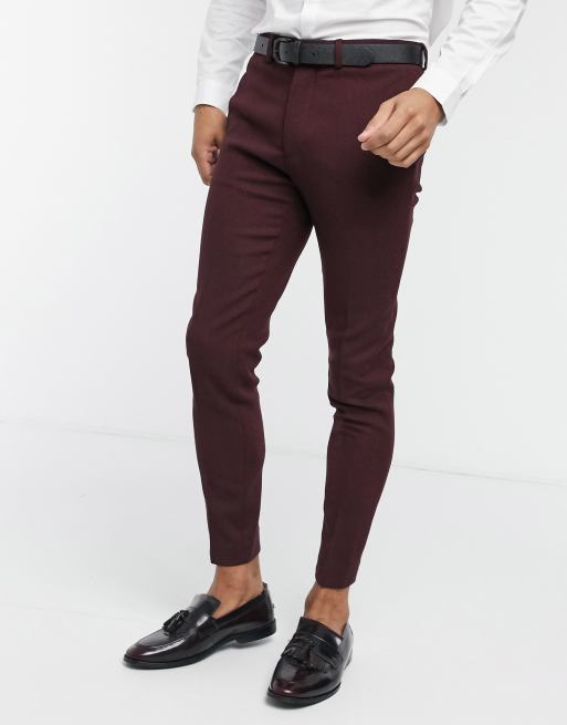 ASOS DESIGN Wedding – Superenge Anzughose aus Wollmischung in Burgunderroter Twill