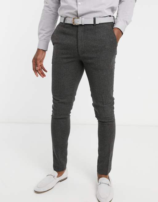 ASOS DESIGN Wedding – Superenge Anzughose aus Wollmischung mit Fischgrätenmuster in Anthrazit