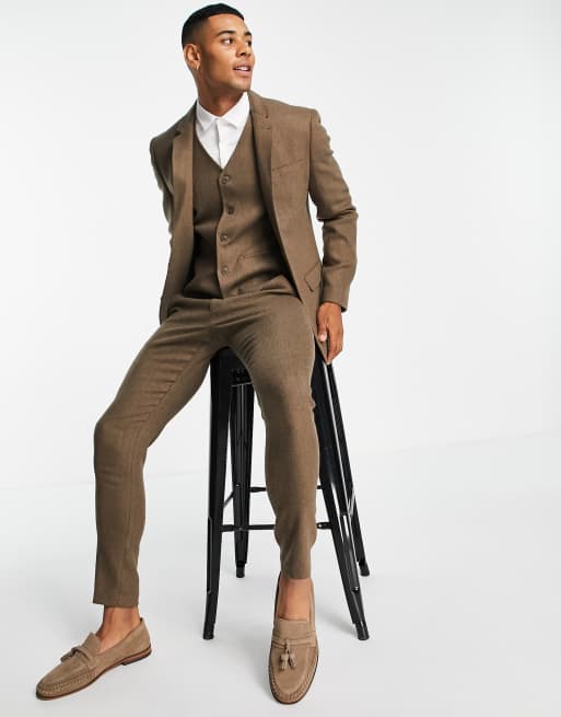 ASOS DESIGN Wedding – Superenge Anzughose aus Wollmischung mit Fischgrätmuster in Camel