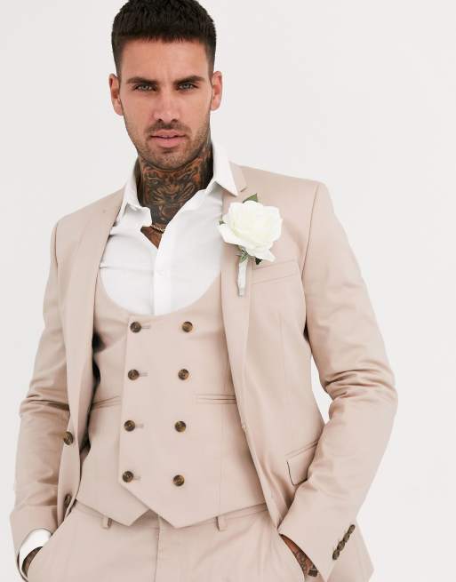  ASOS DESIGN Wedding – Superenger Anzug aus Baumwollstretch in Stone, 2 von 4
