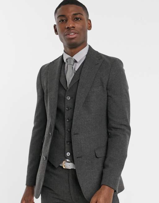 ASOS DESIGN Wedding – Superenge Anzugjacke aus Wollmischung mit Fischgrätenmuster in Anthrazit