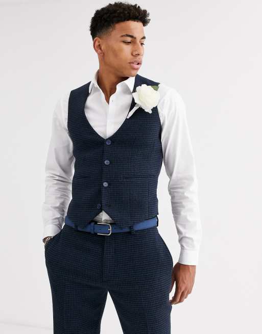 ASOS DESIGN Wedding – Superenge Anzugweste aus Wollgemisch mit kleinem Karomuster in Blau