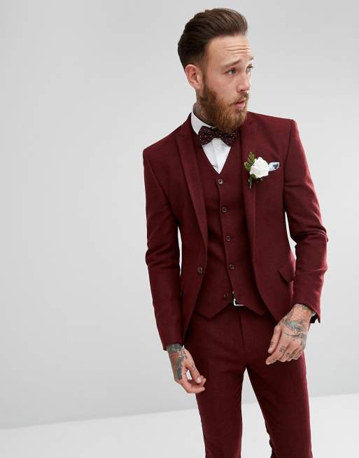 ASOS Wedding – Superenger, weinroter Anzug mit Fischgrätenmuster, 2 von 3