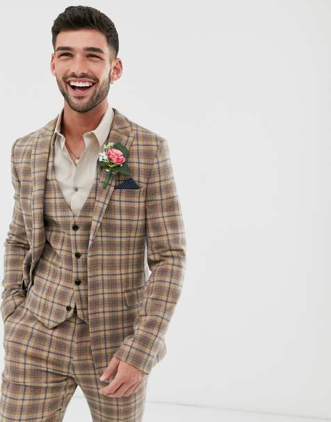 ASOS DESIGN wedding - Superskinny colbert van wolmix met ruitpatroon in camelkleur - view 1