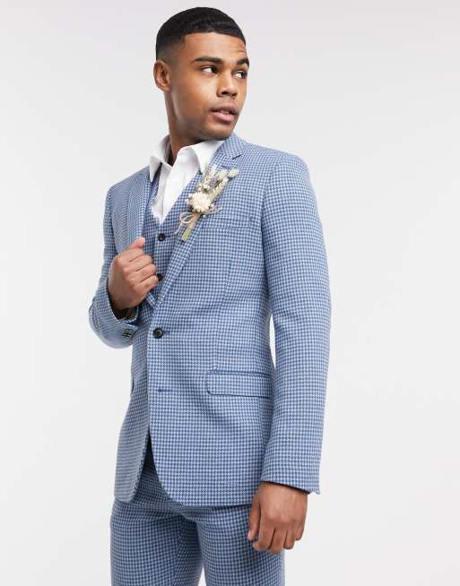ASOS DESIGN wedding - Superskinny geruite colbert van pied-de-poule wolmix in blauw