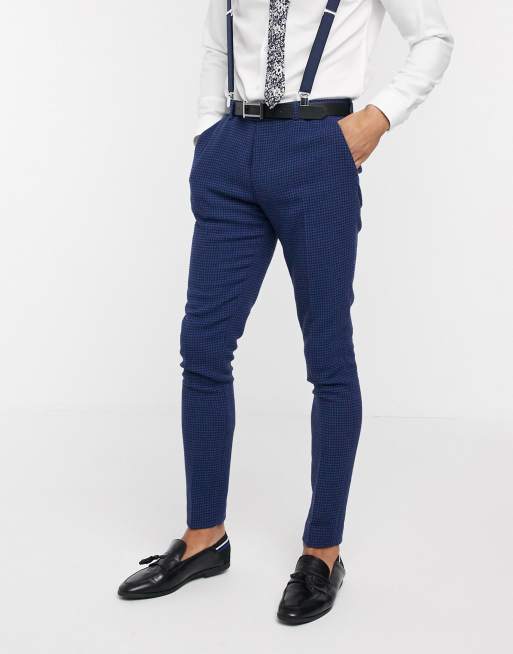 ASOS DESIGN Wedding - Superskinny habitbukser i blå uldblanding med mikro-pepitatern