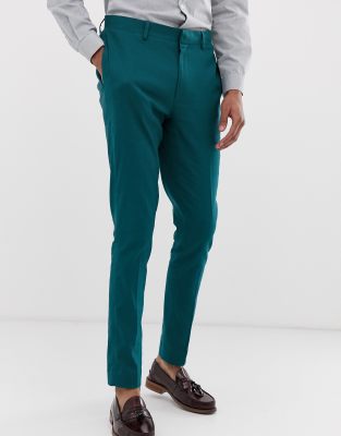 ASOS DESIGN wedding super skinny suit trousers in teal linen-Blue Blue
