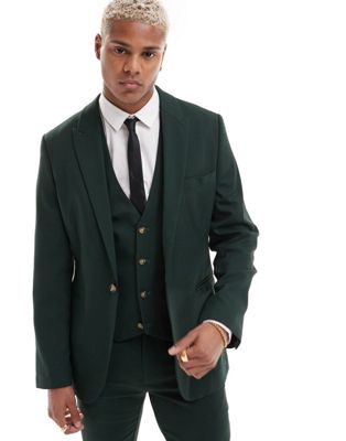 Asos Design Wedding Skinny Suit Jacket In Forest Green Micro Texture
