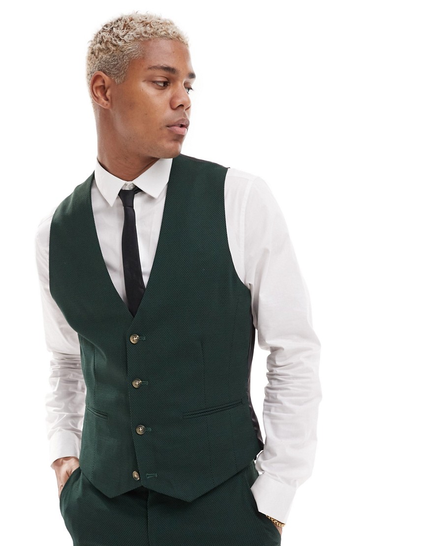 ASOS DESIGN wedding superskinny suit waistcoat in forrest microtexture-Green