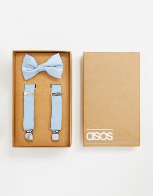 light blue suspenders and bow tie