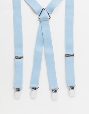 light blue suspenders and bow tie