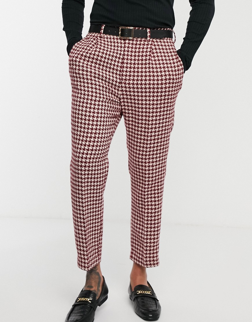 ASOS DESIGN wedding tapered suit trousers with large houndstooth in burgundy wool blend