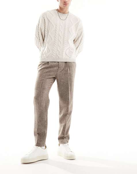 ASOS DESIGN Wedding tapered wool-mix smart pants in brown tweed - view 1