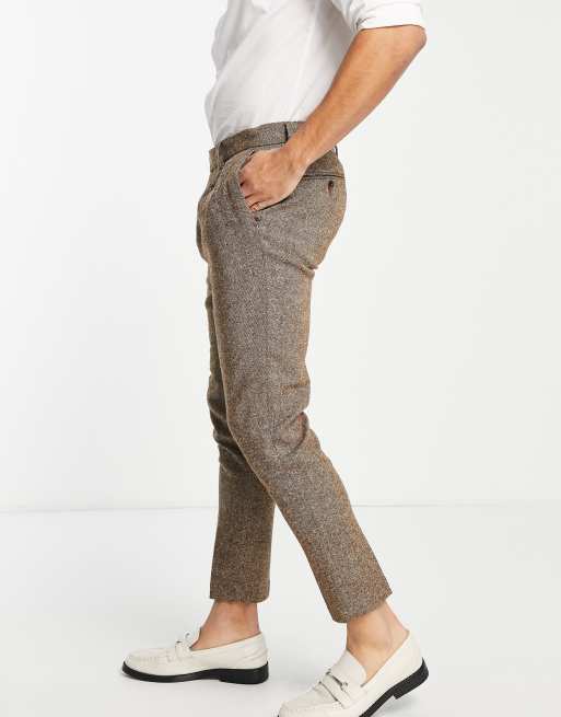 ASOS DESIGN wedding tapered wool mix smart pants in tweed brown | ASOS