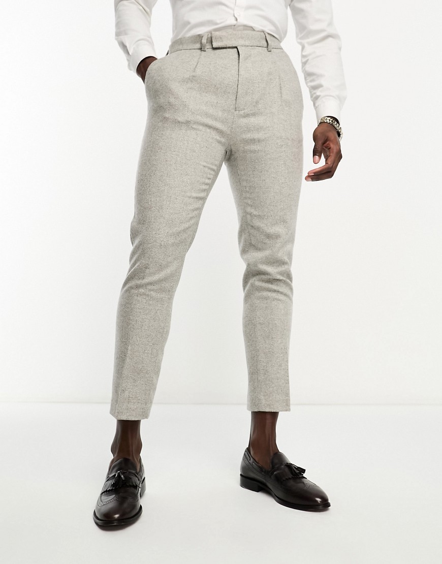 ASOS DESIGN wedding tapered wool mix smart trousers in tweed ice grey