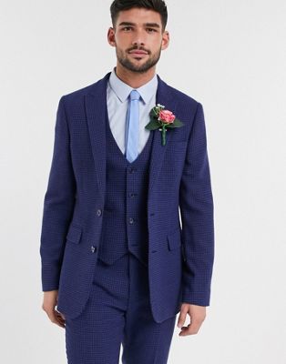 Homme DESIGN Wedding - Veste de costume ajustée en laine mélangée à micro motif pied-de-poule - Bleu