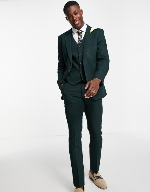 ASOS DESIGN Wedding - Veste de costume ajustée en laine mélangée à motif chevrons - Vert forêt
