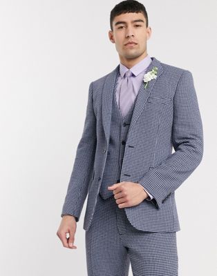 Homme DESIGN wedding - Veste de costume ajustée en laine mélangée à petits carreaux - Bleu et gris