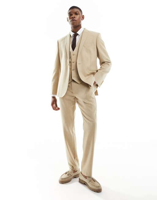 ASOS DESIGN Wedding - Veste de costume ajustée en laine mélangée tressée - Beige, 2 de 5