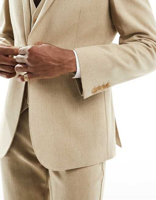 ASOS DESIGN Wedding - Veste de costume ajustée en laine mélangée tressée - Beige, 3 de 5