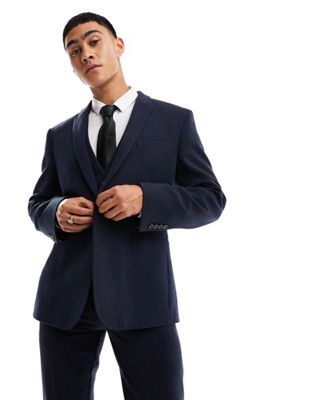 ASOS DESIGN wedding slim wool mix suit jacket in navy basketweave texture - ASOS Price Checker