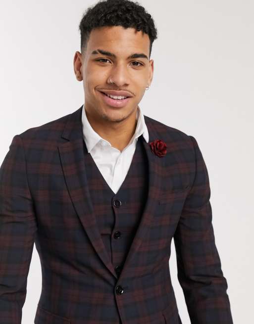 ASOS DESIGN Wedding - Costume super skinny à carreaux écossais - Bordeaux, 2 de 4