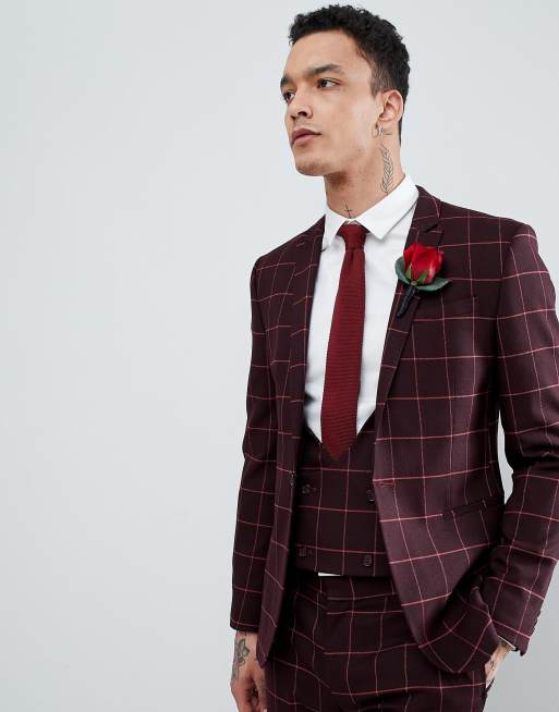 ASOS DESIGN - Costume de mariage super ajusté à carreaux bordeaux et orange, 2 de 4