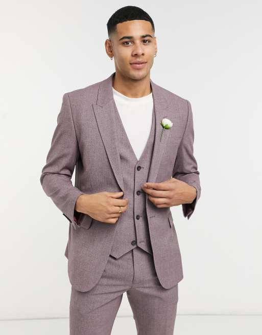 ASOS DESIGN Wedding – Vinröd kostym med extra smal passform och crosshatchmönster  , 2 av 4