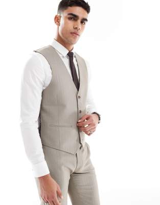 ASOS DESIGN Wedding wool look slim suit vest in brown herringbone - view 1