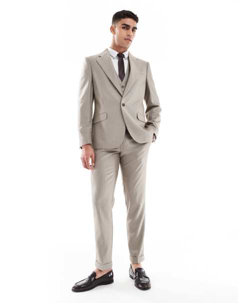 ASOS DESIGN wedding wool mix slim suit in brown herringbone - view 1
