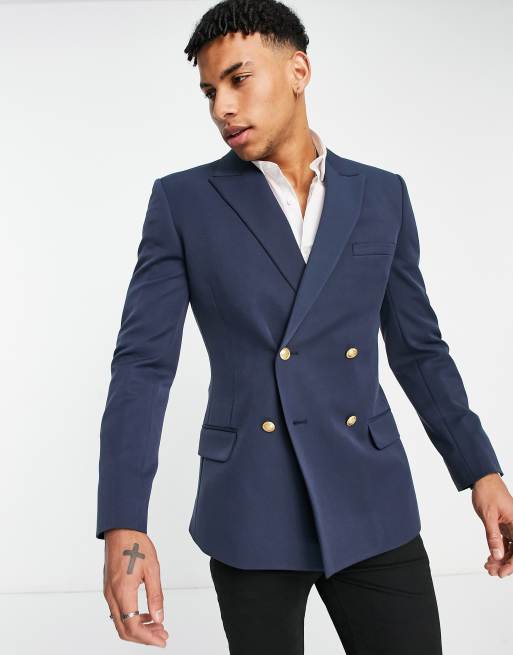 ASOS DESIGN Wedding – Zweireihiger Blazer mit engem Schnitt in Marineblau
