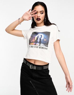 ASOS DESIGN Wednesday Addams baby tee with film still slogan licence graphic in white - ASOS Price Checker