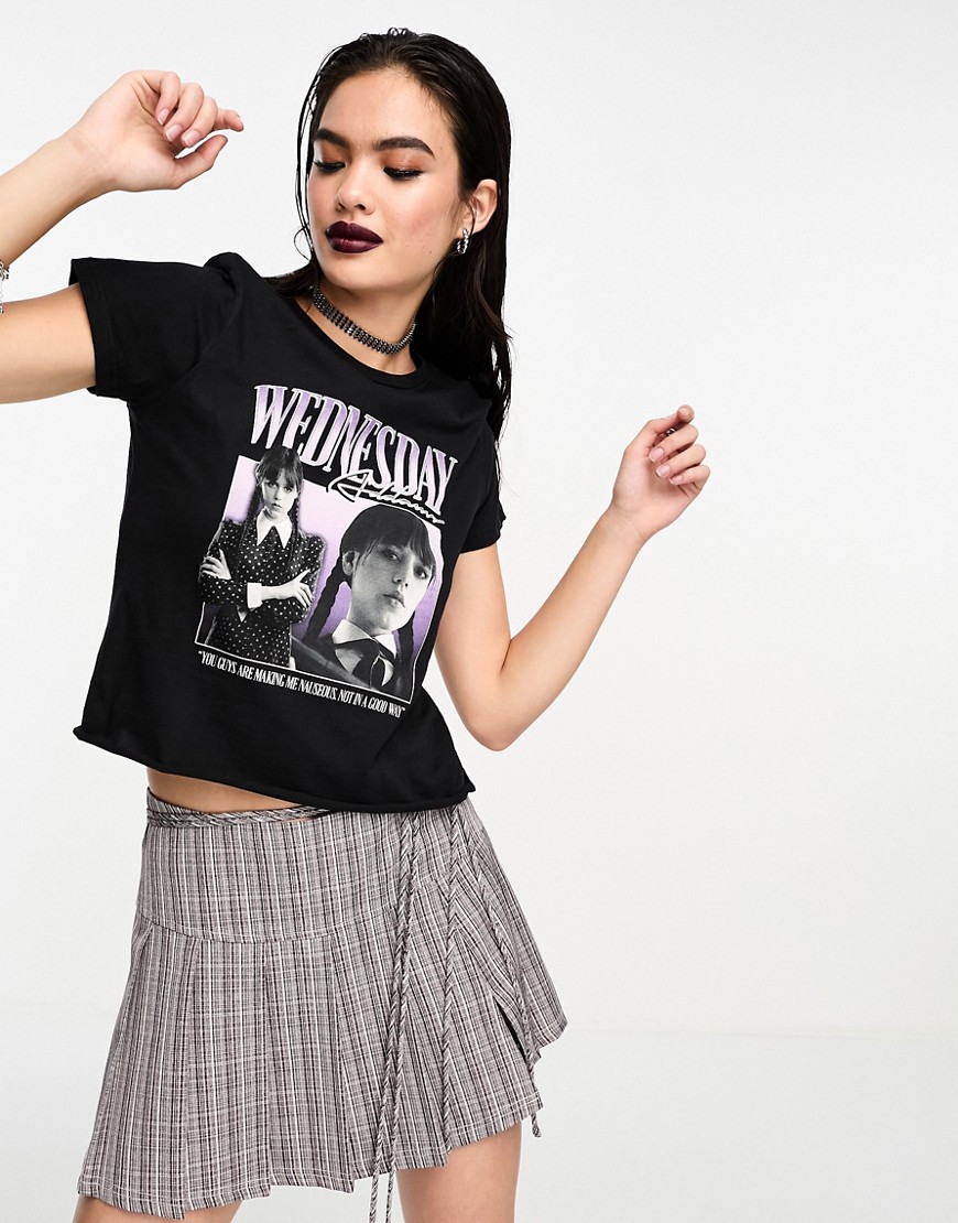 ASOS DESIGN Wednesday Addams baby tee with purple licence graphic in black