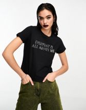 ASOS DESIGN Wednesday Addams baby tee with purple licence graphic