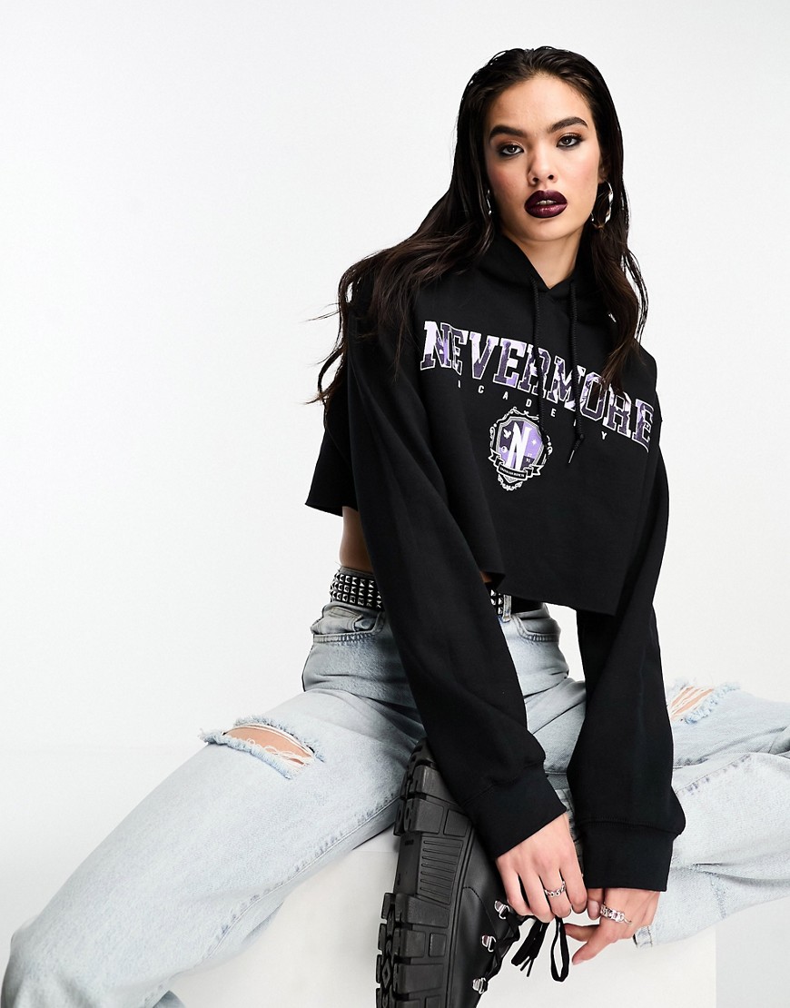 Asos Design Wednesday Addams Cropped Hoodie With License Graphic In Black