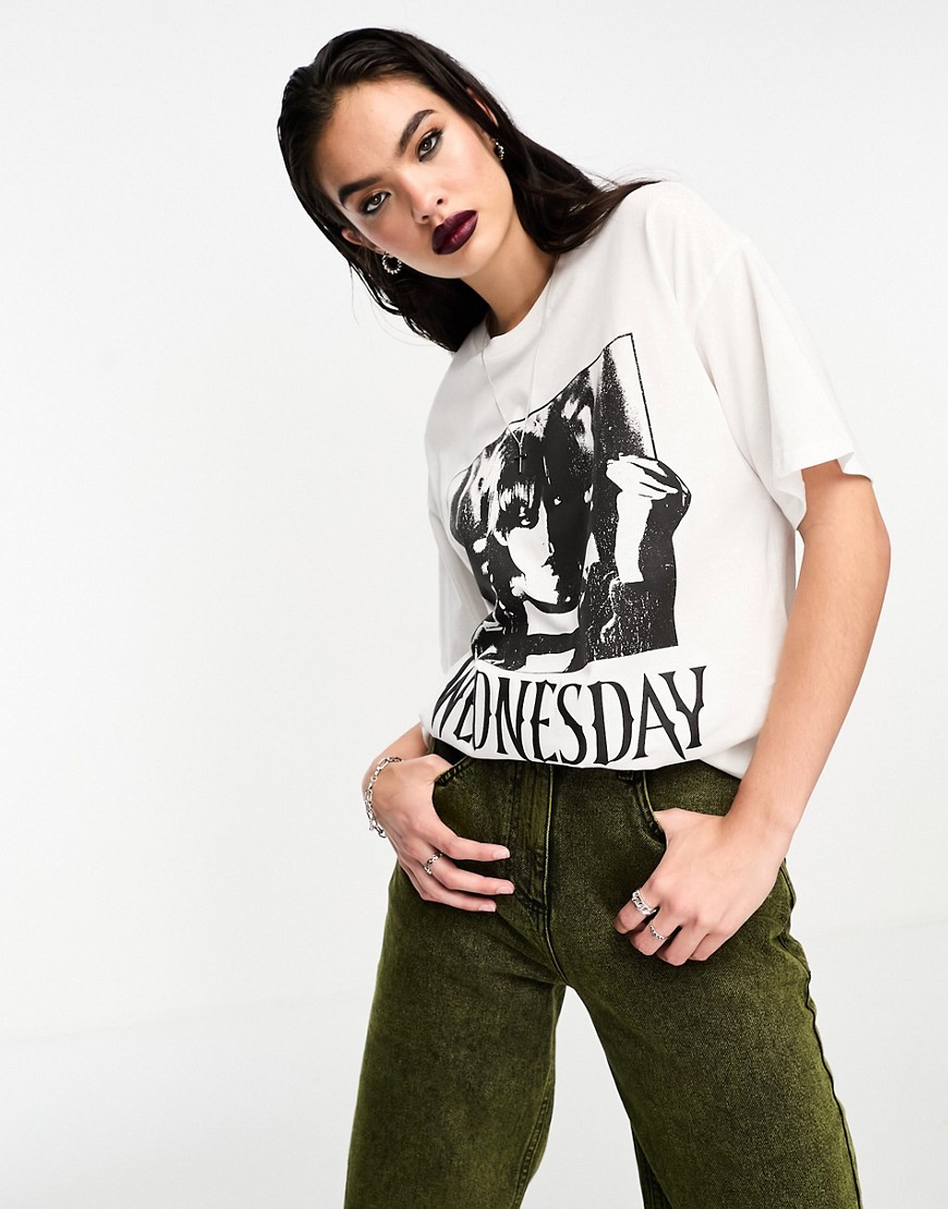 ASOS DESIGN Wednesday Addams oversized t-shirt with licence puff graphic in white