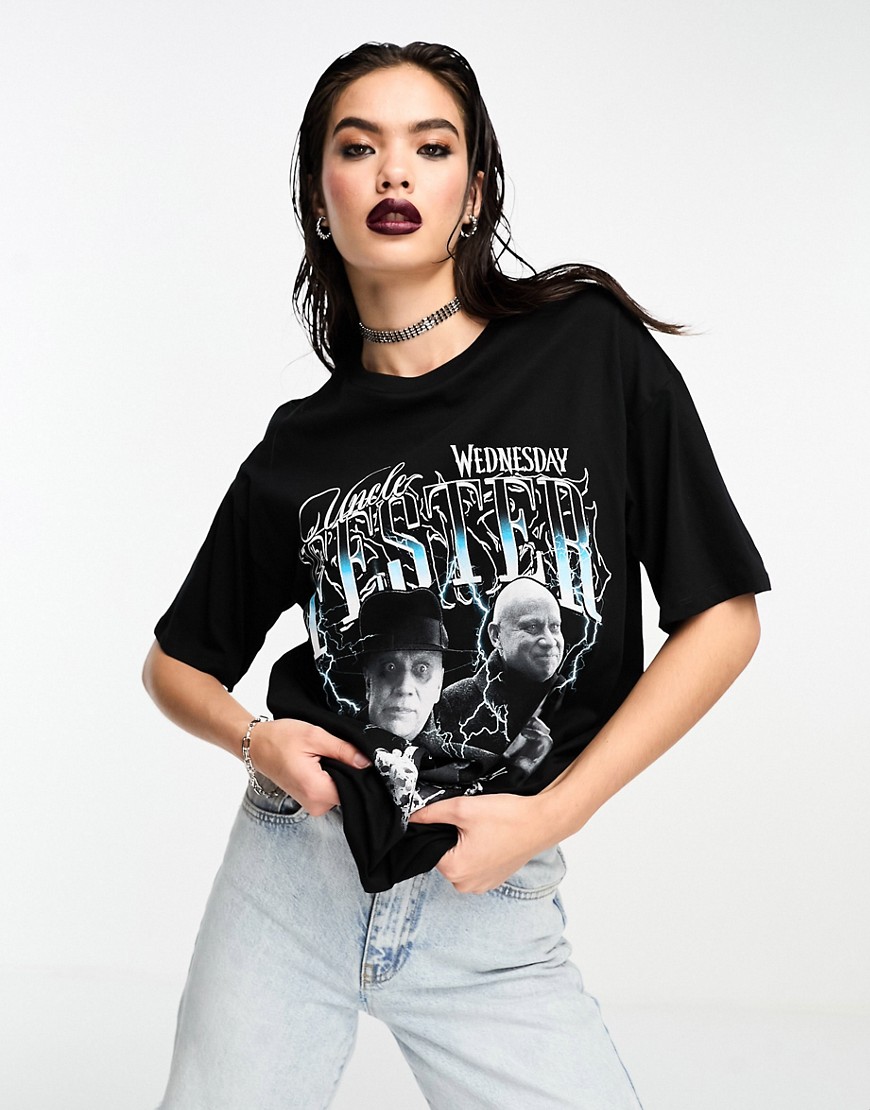 ASOS DESIGN Wednesday Addams oversized t-shirt with uncle fester licence graphic in black