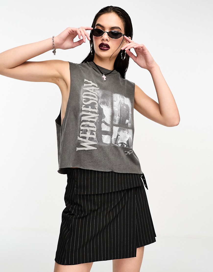 ASOS DESIGN Wednesday Addams oversized tank top with licence graphic in washed charcoal-Black