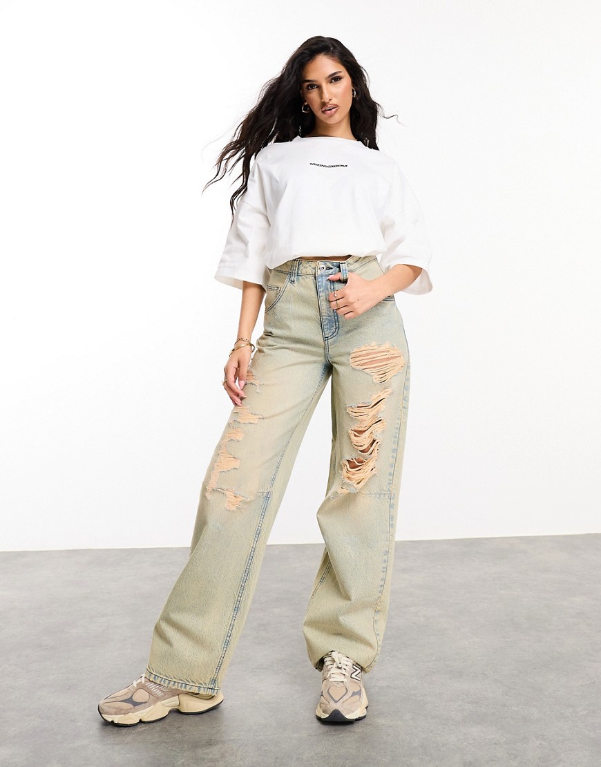 ASOS DESIGN Weekend Collective acid washed extreme rip baggy jean-Multi