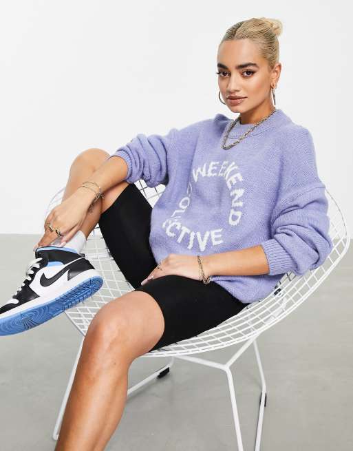 ASOS DESIGN Weekend Collective crew neck jumper with logo in blue