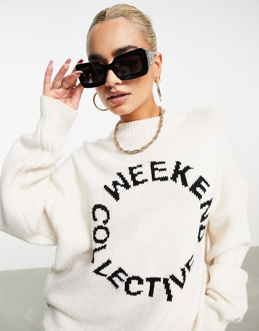 ASOS DESIGN Weekend Collective crew neck sweater with logo in cream-White