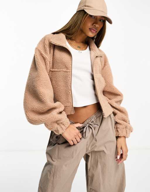 ASOS DESIGN Weekend Collective cropped borg zip through in camel with woven  label