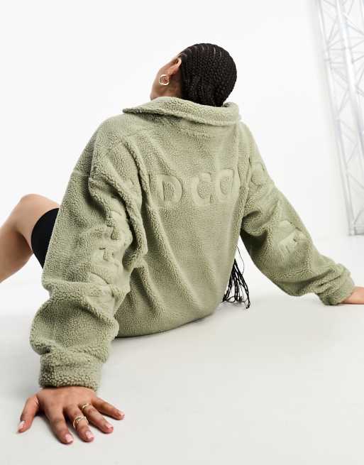 ASOS DESIGN Weekend Collective Curve - Felpa oversize in pile borg con dettaglio dévoré verde salvia con zip corta