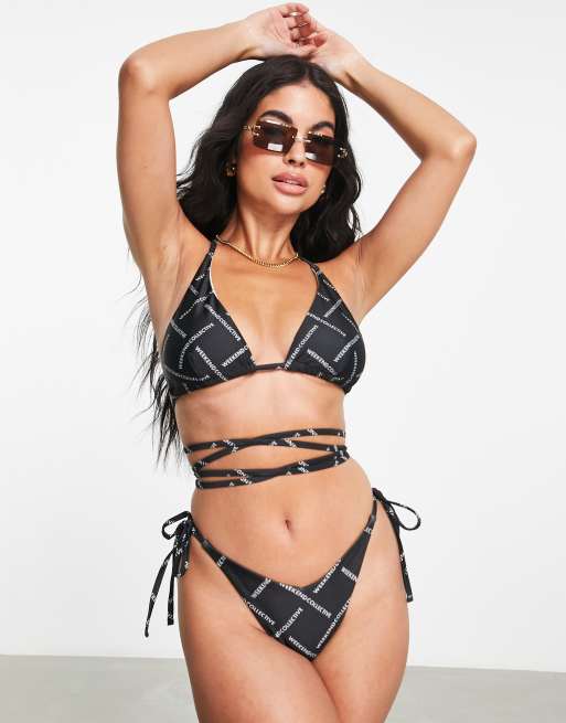 ASOS DESIGN – Weekend Collective – Czarno-biała góra od bikini z trójkątnymi miseczkami ze wzorem i wiązaniem z przodu