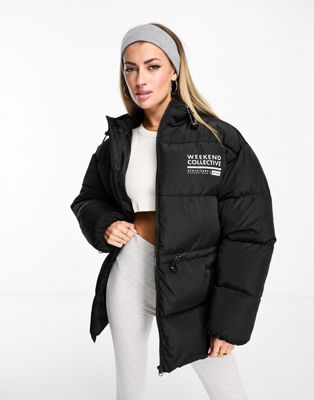 ASOS DESIGN Weekend Collective waisted padded coat with logo in black - ASOS Price Checker