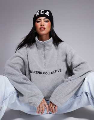 Asos Weekend Collective Asos Design Weekend Collective Half Zip Borg Fleece With Logo In Gray Heather